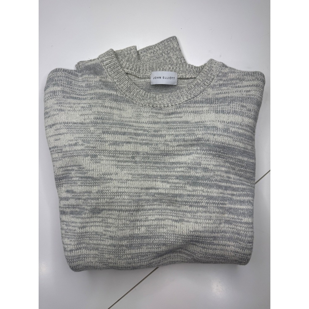 John Elliott Mens Grey White Space Dye Melange Knit Crewneck Sweater Relaxed Fit - Picture 2 of 11